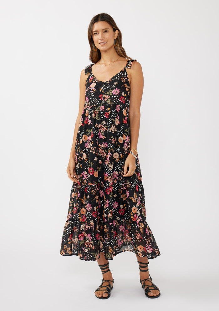 Black Floral Chiffon Button Front Maternity Midi Dress