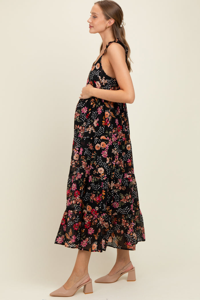 Black Floral Chiffon Button Front Maternity Midi Dress