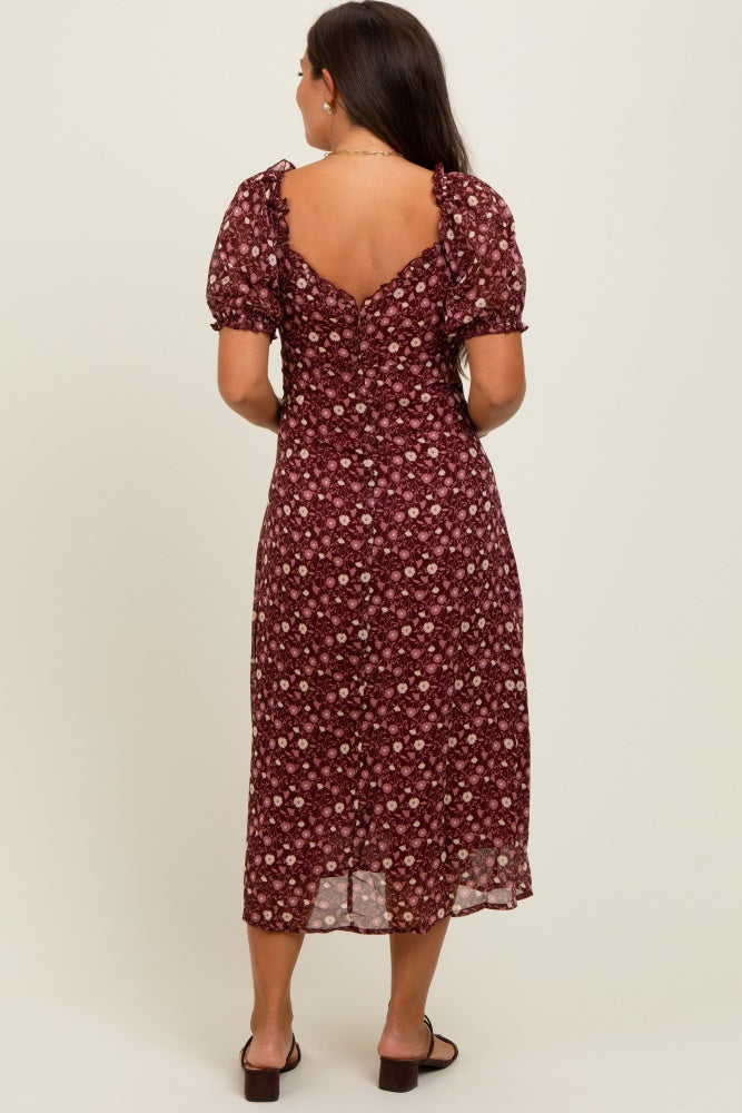 Burgundy Floral Chiffon Sweetheart Puff Sleeve Maternity Midi Dress