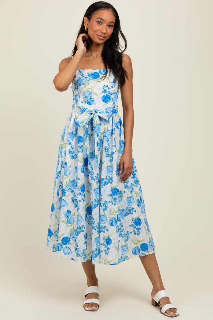Blue Floral Sleeveless Sash Tie Maternity Midi Dress