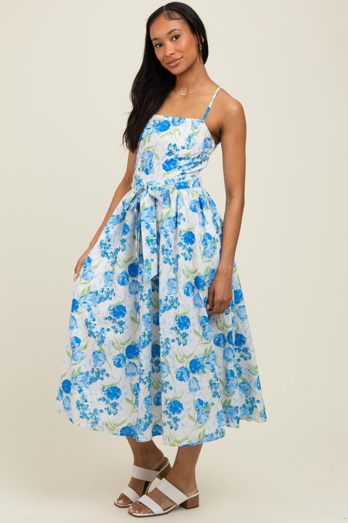 Blue Floral Sleeveless Sash Tie Midi Dress