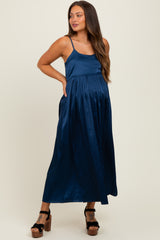 Navy Satin Sleeveless Tie-Back Maternity Midi Dress