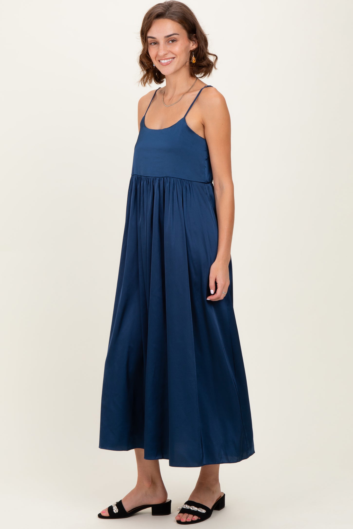 Navy Satin Sleeveless Tie-Back Midi Dress