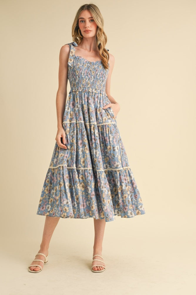 Denim Floral Smocked Ruffled Lace Trim Midi Dress