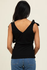Black Solid Ribbed Sleeveless Tie V-Neck Top