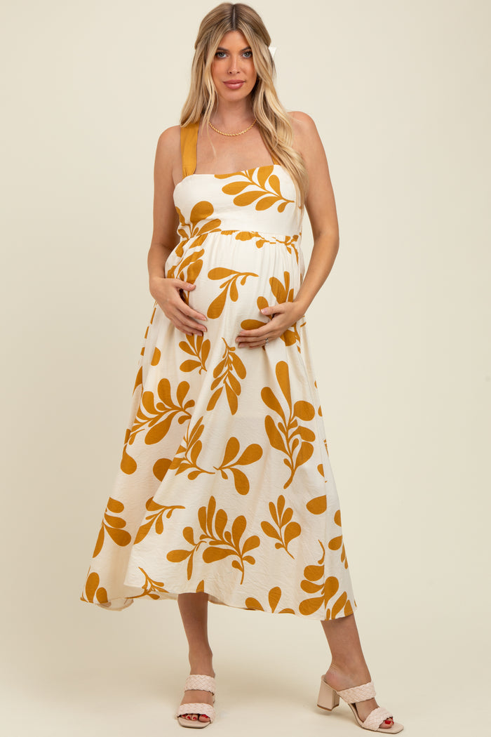 Yellow Leaf Print Tie Back Cutout Maternity Midi Dress