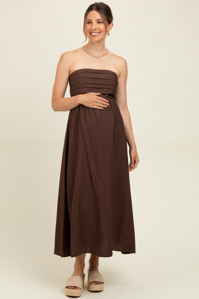 Brown Pleated Bodice Strapless Maternity Midi Dress