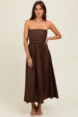 Brown Pleated Bodice Strapless Midi Dress