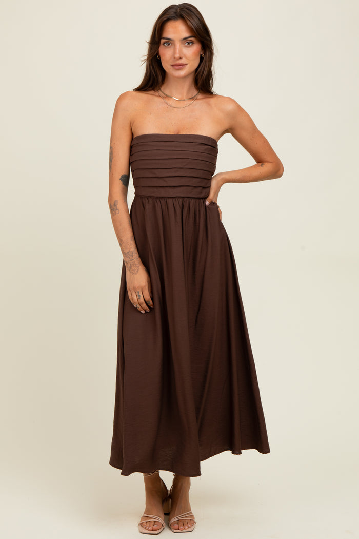 Brown Pleated Bodice Strapless Midi Dress
