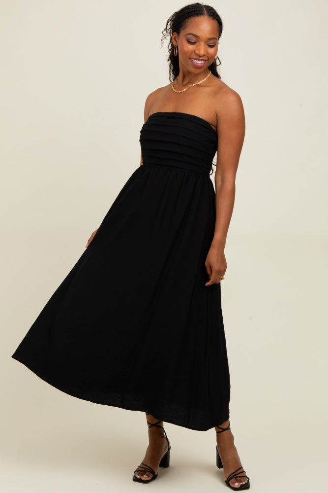 Black Pleated Bodice Strapless Maternity Midi Dress