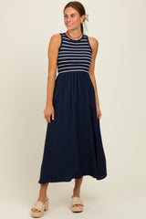 Navy Contrast Striped Knit Sleeveless Maternity Midi Dress