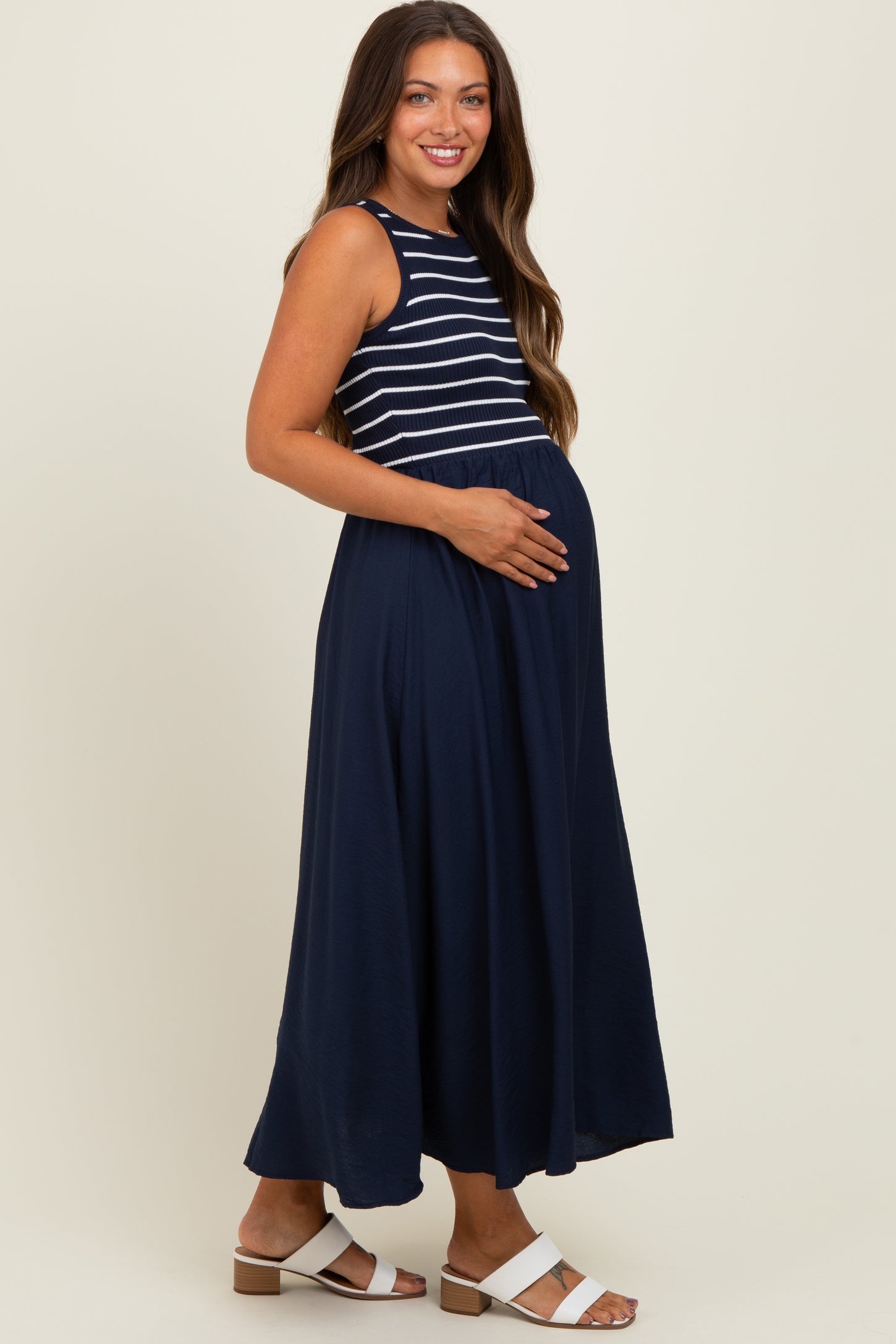 Navy Contrast Striped Knit Sleeveless Maternity Midi Dress