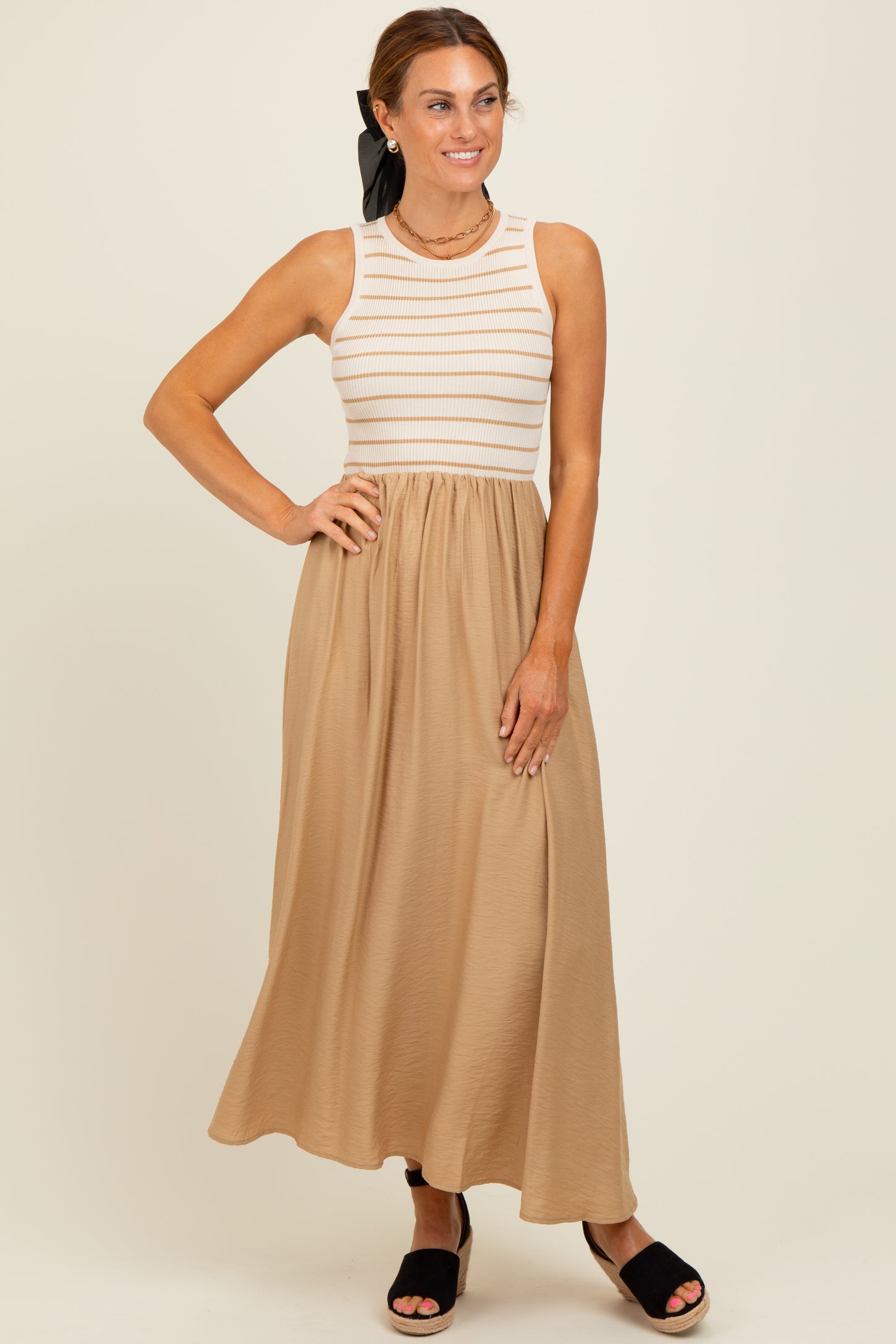 Camel Contrast Striped Knit Sleeveless Midi Dress