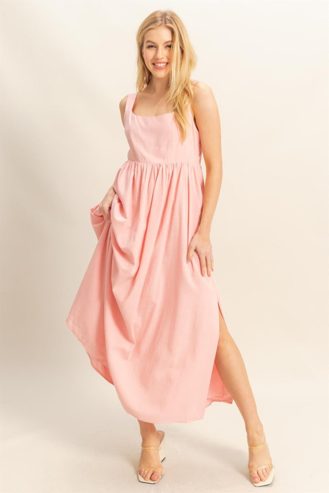 Pink Square Neck Fit And Flare Midi Dress