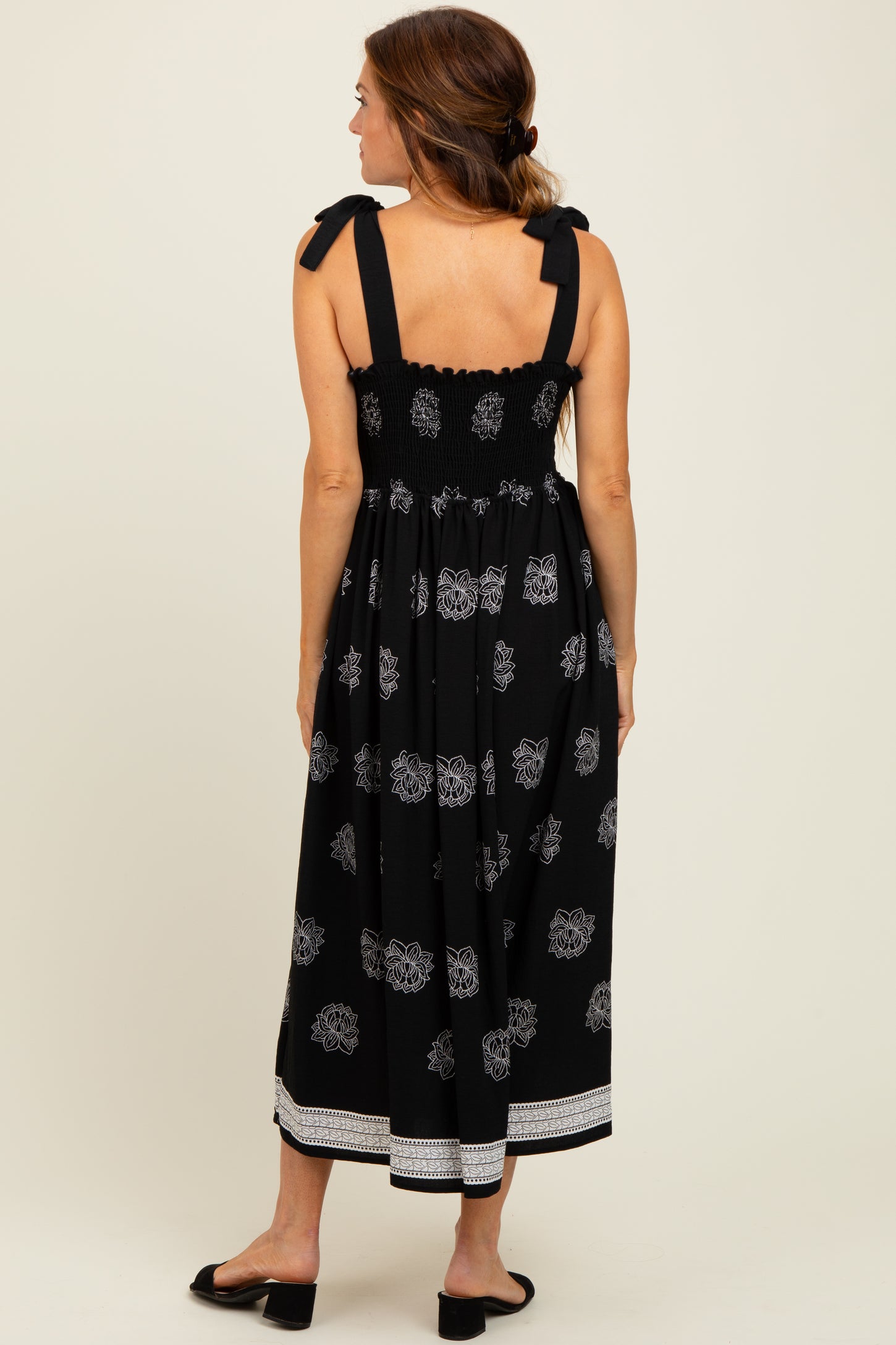 Black/Cream Vintage Floral Border Printed Smocked Top Sleeveless Maxi Dress
