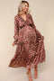 Taupe/Rust Satin Leopard Tiered Side Pocket Maxi Dress