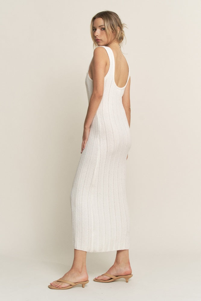 Ivory Wide Ribbed Sweater Knit Midi Dress