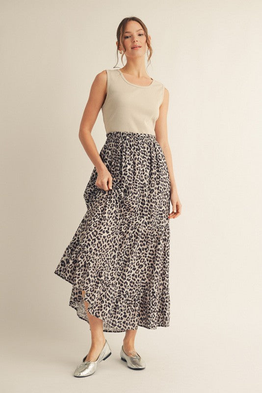 Taupe/Animal Fabric Mixed Maxi Dress
