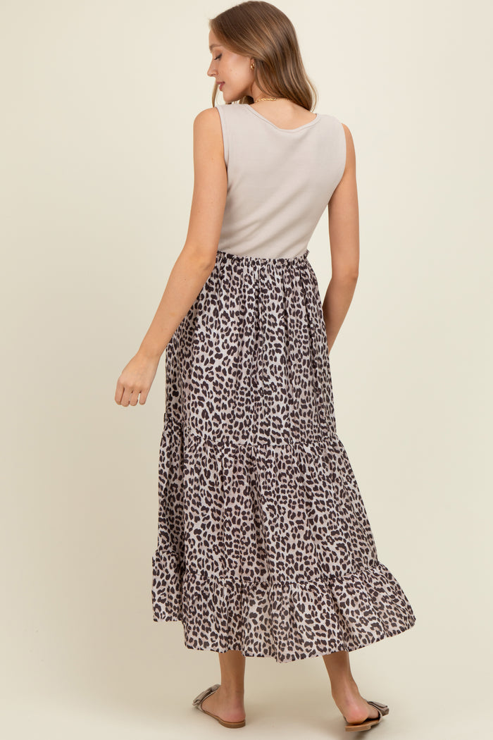 Taupe/Animal Print Mixed Maternity Maxi Dress
