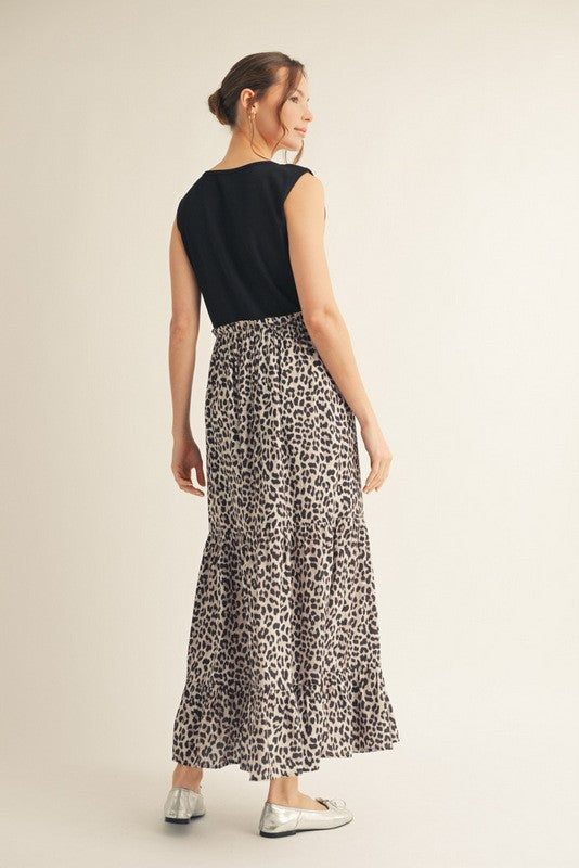 Black/Animal Fabric Mixed Maxi Dress
