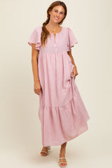 Pink/Silver Striped Short Sleeve V-Neck Tiered Maternity Midi Dress