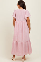 Pink/Silver Striped Short Sleeve V-Neck Tiered Maternity Midi Dress