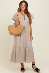 Mocha/Silver Striped Short Sleeve V-Neck Tiered Maternity Midi Dress