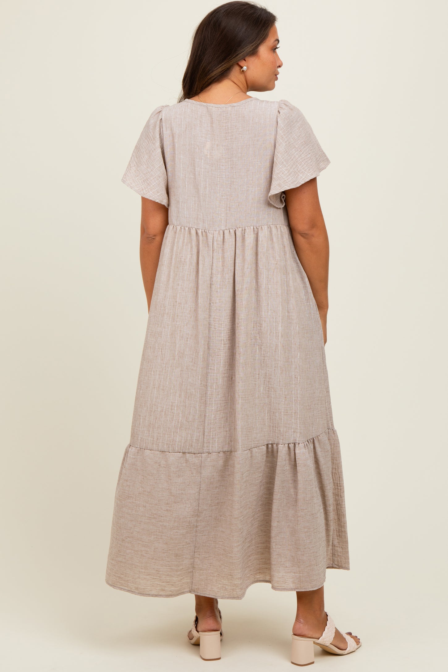 Mocha/Silver Striped Short Sleeve V-Neck Tiered Maternity Midi Dress