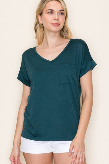 Forest Green V-Neck Front Pocket Short Sleeve T-Shirt