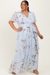 Light Blue Floral Chiffon Sash Tie Maternity Plus Maxi Dress