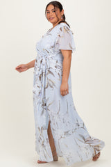 Light Blue Floral Chiffon Sash Tie Plus Maxi Dress