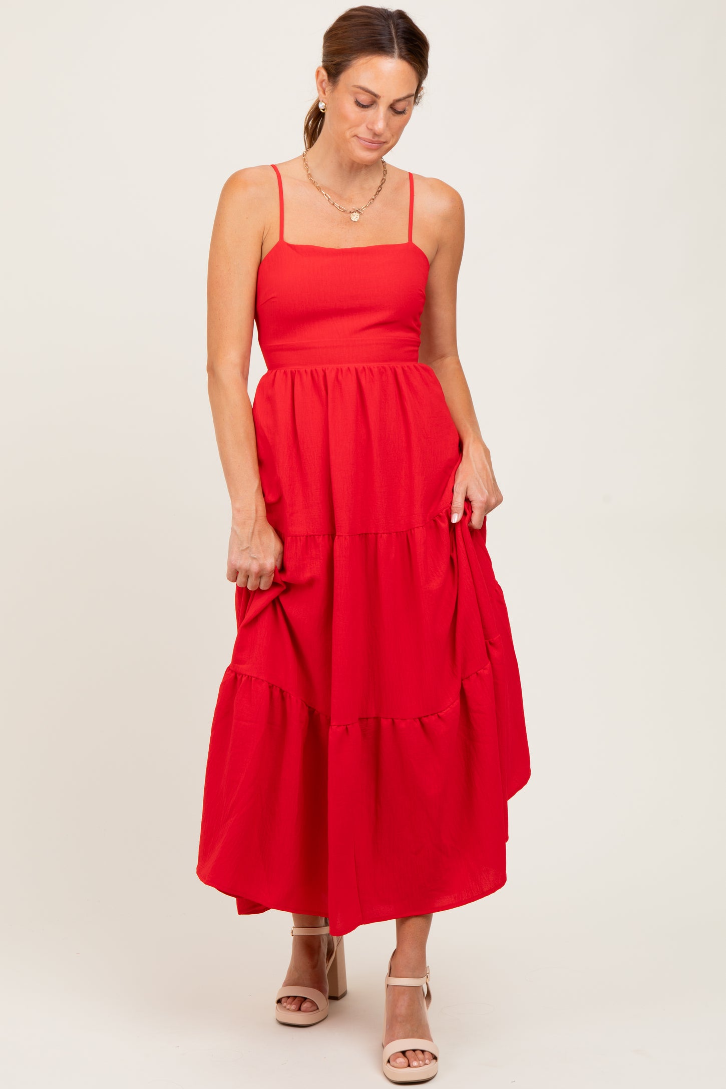 Red Tiered Cutout Tie Back Midi Dress
