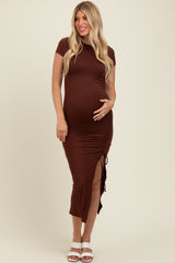 Brown Side Slit Maternity Maxi Dress
