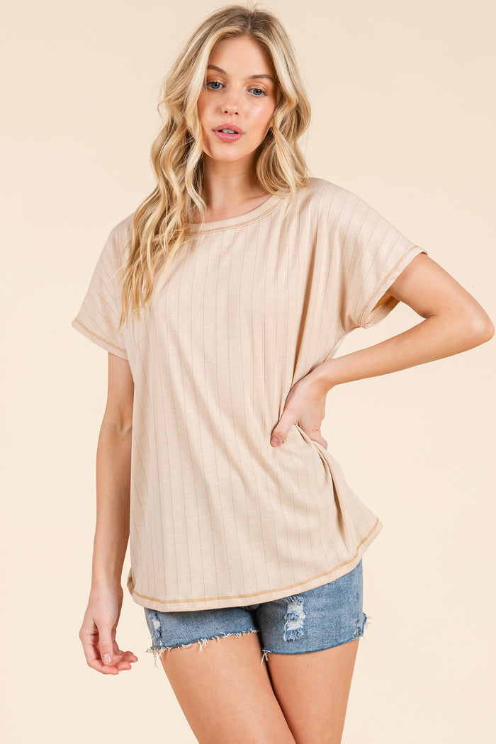 Beige Ribbed Relaxed Tee