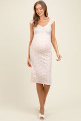 Pink Floral Ditsy Cap Sleeve Side Slit Maternity Midi Dress