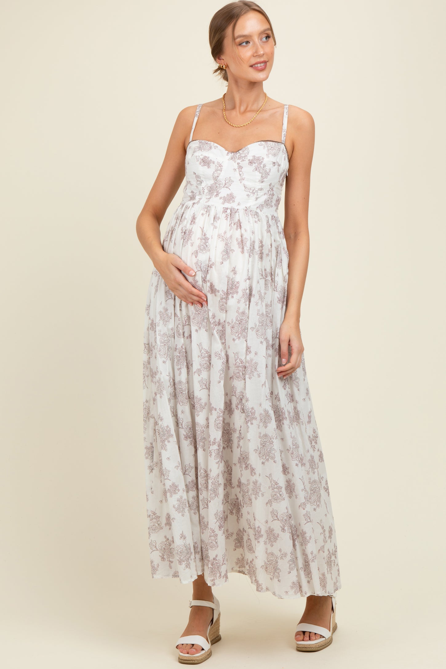 Ivory Cotton Floral Bustier Maternity Maxi Dress