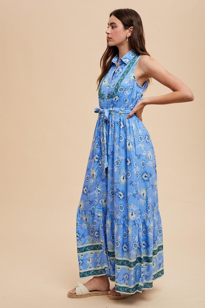 Blue Border Print Collared Button Down Maxi Dress