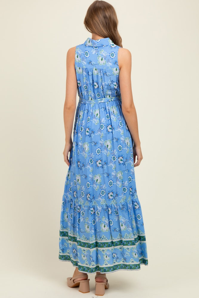 Blue Border Print Collared Button Down Maternity Maxi Dress