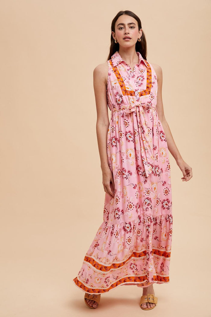 Pink Border Print Collared Button Down Maternity Maxi Dress