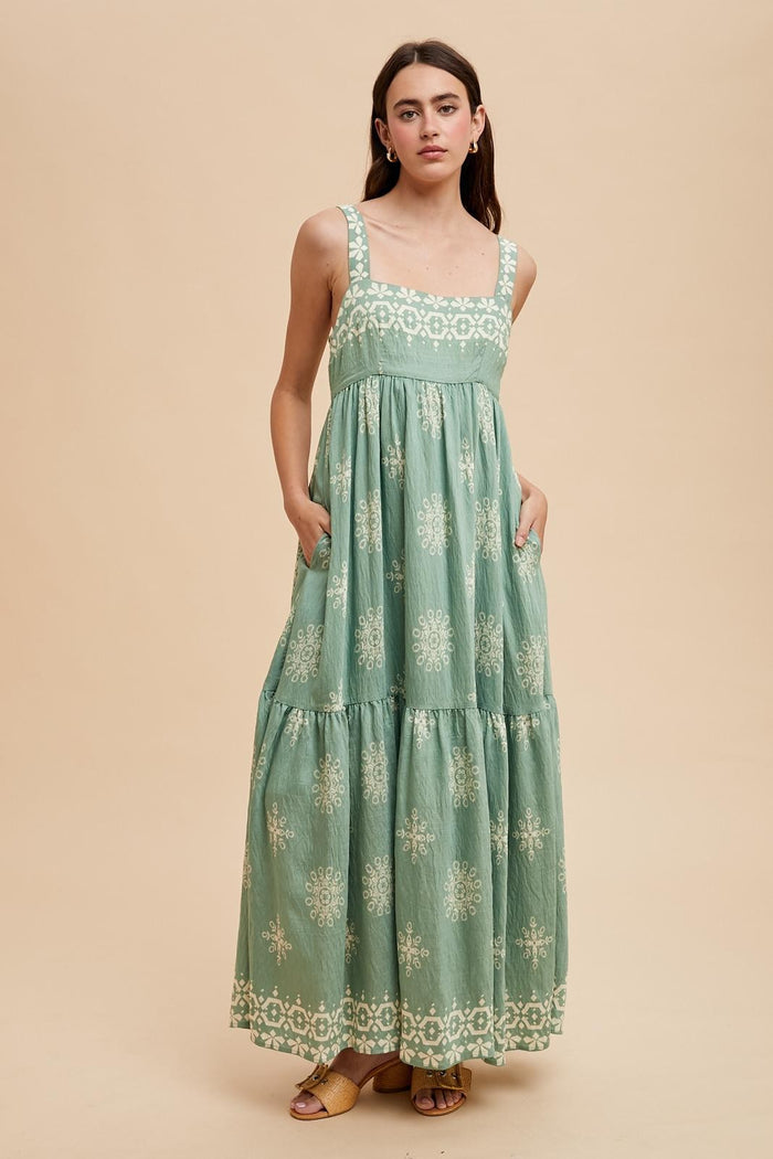 Mint Border Print Sleeveless Tiered Maxi Dress