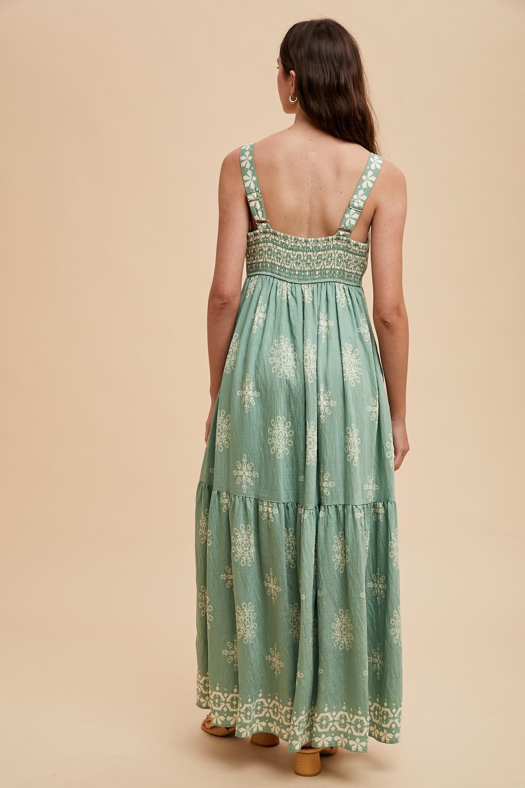 Mint Border Print Sleeveless Tiered Maxi Dress