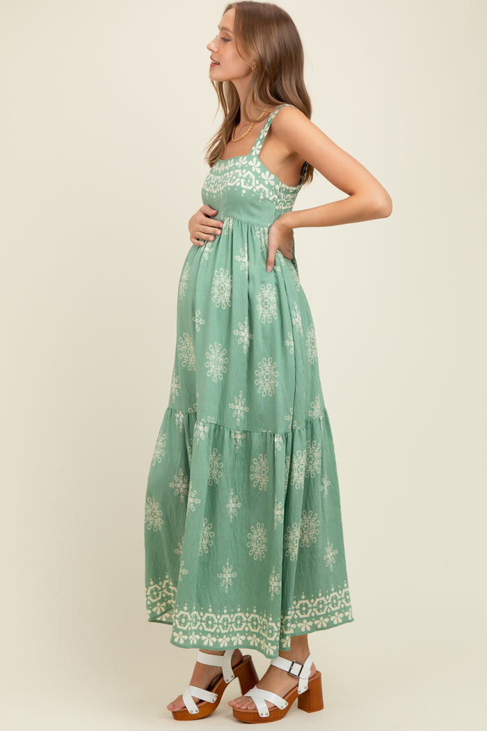 Mint Border Print Sleeveless Tiered Maternity Maxi Dress