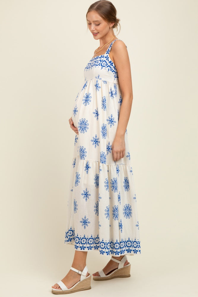 Blue Border Print Sleeveless Tiered Maternity Maxi Dress