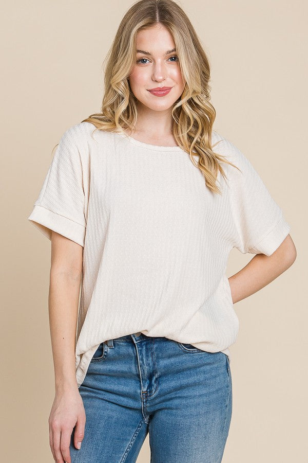 Ivory Ribbed Knit Maternity Short Sleeve Top
