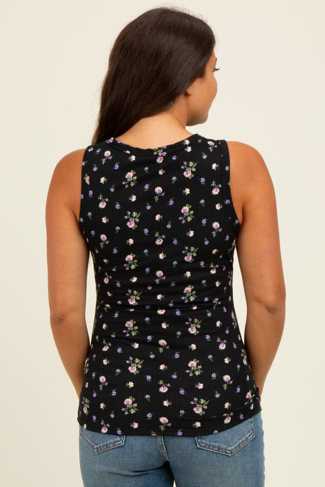 Black Floral Ribbed Button Front Maternity Tank Top