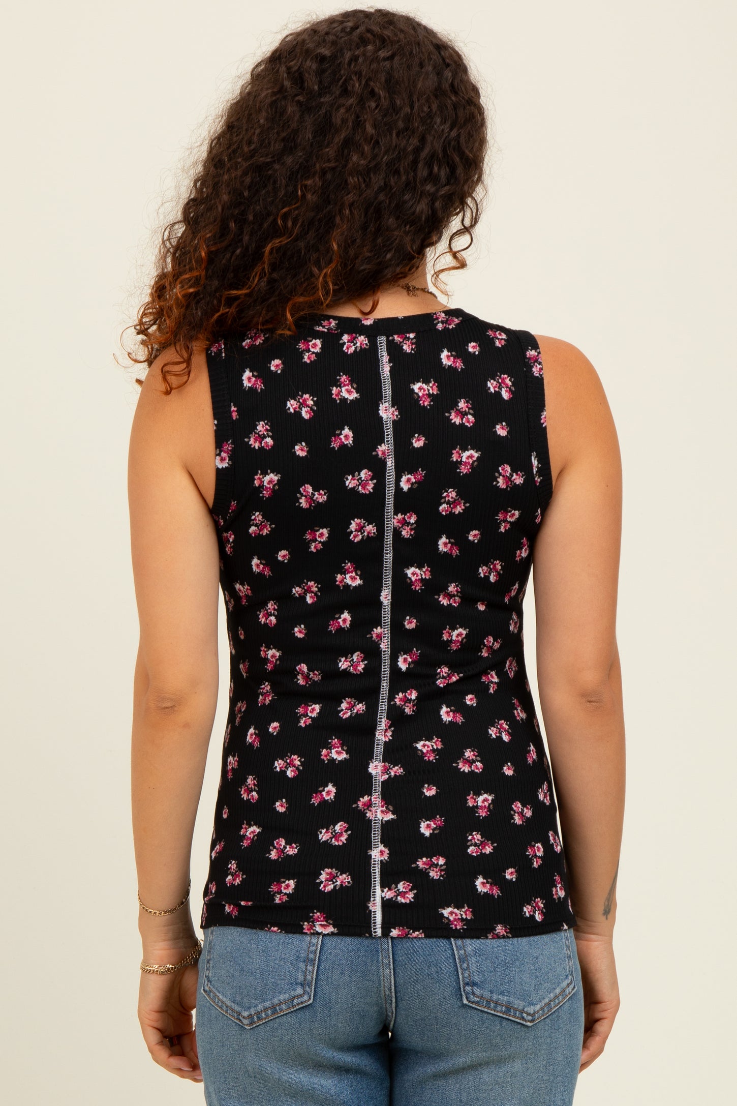 Black Floral Ribbed Maternity Tank Top