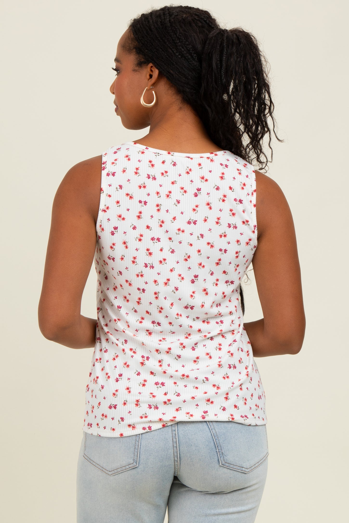 Ivory Floral Ribbed Split Neck Tank Top