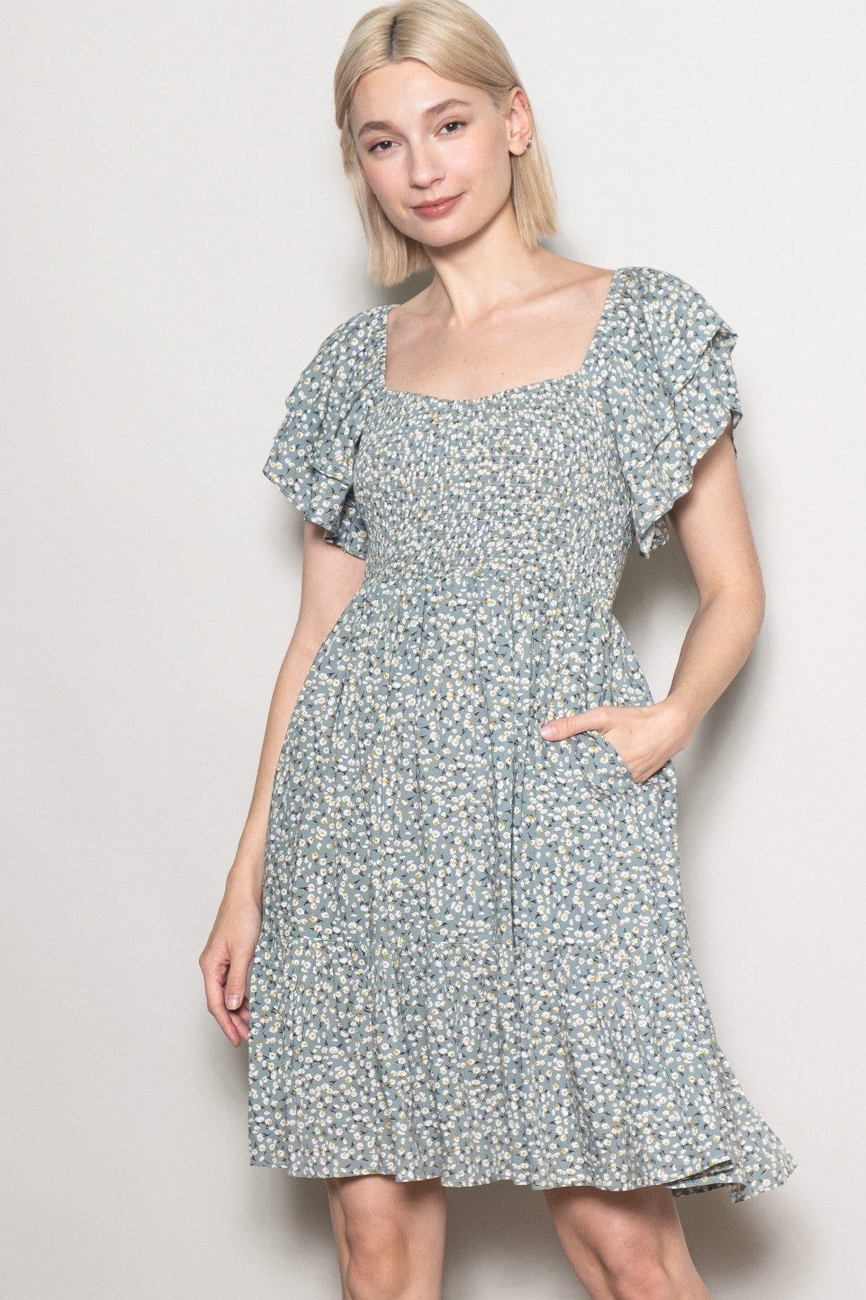 Light Olive Floral Smocked Flutter Sleeve Maternity Dress