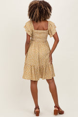 Yellow Floral Smocked Flutter Sleeve Maternity Dress