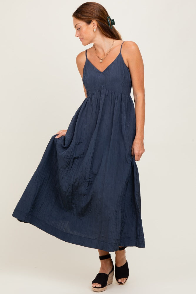 Navy Crinkle Texture V-Neck Sleeveless Dress